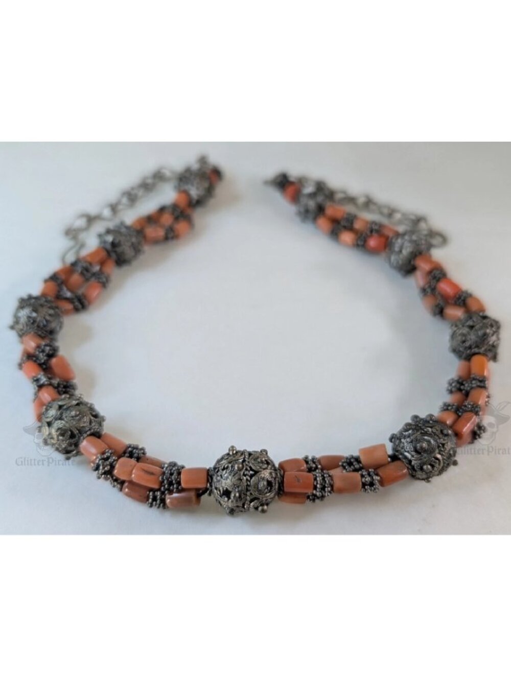 22" Antique Yemeni Silver & Natural Salmon Coral Bead Bedouin Necklace 60.4g